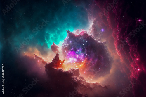 Beautiful concept of nebula with galaxies in deep space cosmos. Discovery outer space and stars in universe. Generative AI © whilerests