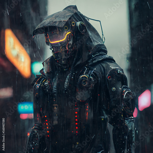 A humanoid robot standing in the rain, cyber punk city