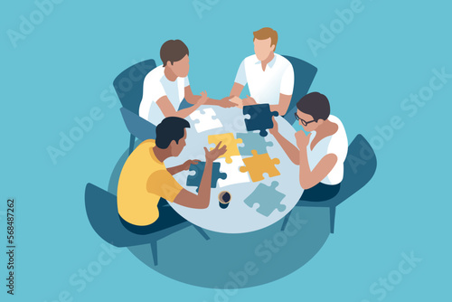 People sitting around the table and solving puzzle rebus. Concept of finding solution, teamwork, cooperation. Vector illustration.