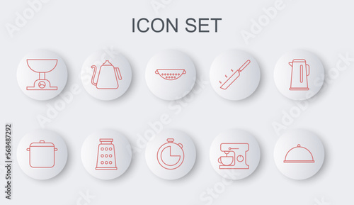 Set line Covered with tray, Cooking pot, Kitchen colander, Electric mixer, Electronic scales, Kettle handle, Grater and timer icon. Vector
