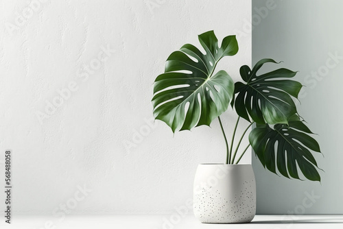 Split Leaf Philodendron Tree Branch In Ceramic Vase On White Table. Empty Wall Background. Generative AI photo