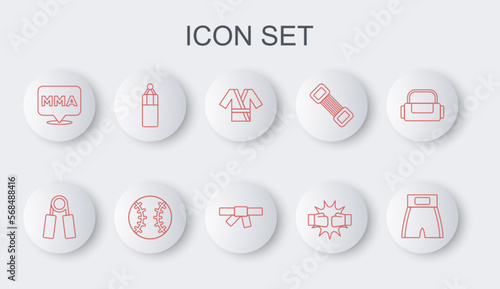 Set line Boxing short, Sport expander, Japanese costume Kimono, Punch boxing gloves, Fight club MMA, Punching bag, Baseball ball and Black karate belt icon. Vector