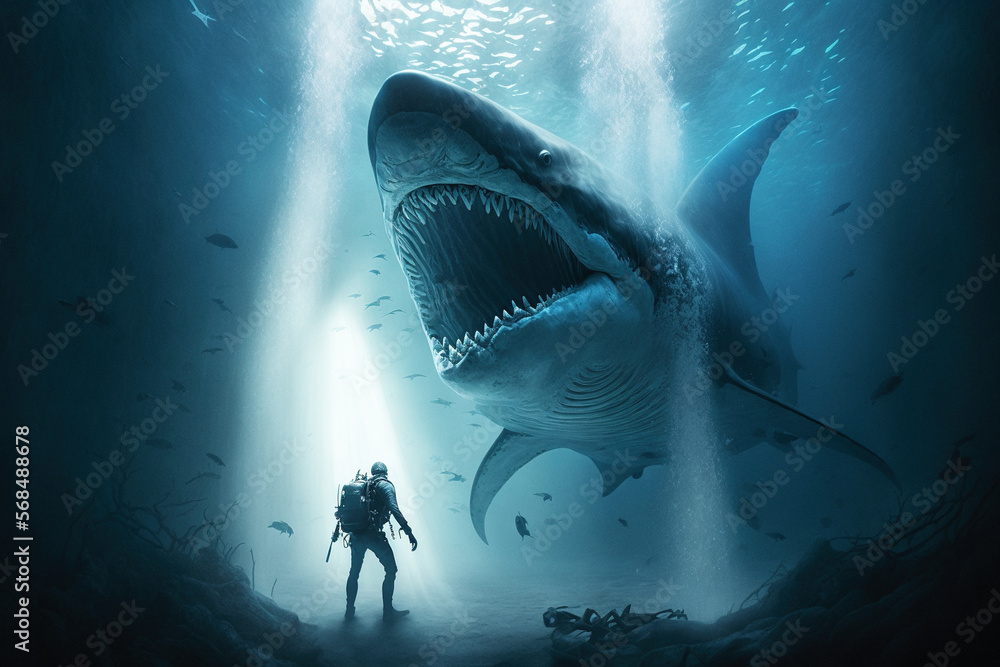 Megalodon hunts underwater KI Stock Illustration Adobe Stock