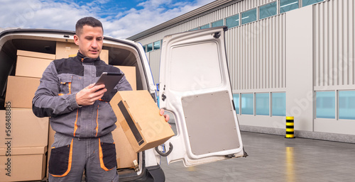 Delivery man near minivan. ...