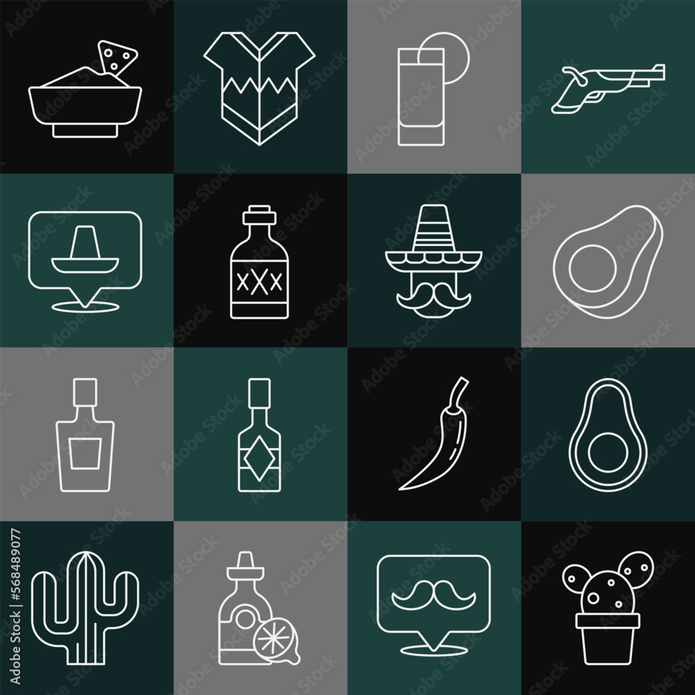 Set line Cactus or succulent in pot, Avocado fruit, Tequila glass with lemon, bottle, Mexican sombrero, Nachos bowl and man icon. Vector Set line Cactus or succulent in pot, Avocado fruit, Tequila glass with lemon, bottle, Mexican sombrero, Nachos bowl and man icon. Vector