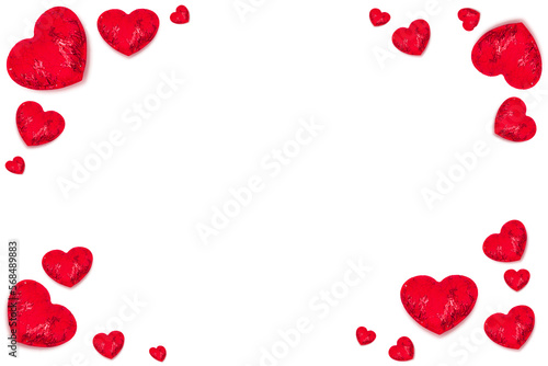 Frame made of red decorative hearts isolated on white background. Love. Valentine's Day concept. Free space for text.