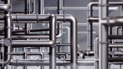 Industrial background. Steel tangled pipes. Boiler room texture. Backdrop with pipeline. Pipe labyrinth. Equipment for industry. Background from pipes near brick wall. 3d rendering.