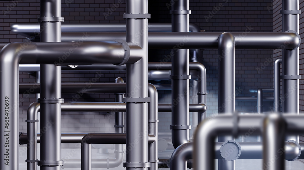 Boiler room. Steel pipes are tangled. Brick room with pipeline and steam. Basement with heating equipment. Boiler technologies. Factory basement with plumbing. Boiler room without people. 3d image. Boiler room. Steel pipes are tangled. Brick room with pipeline and steam. Basement with heating equipment. Boiler technologies. Factory basement with plumbing. Boiler room without people. 3d image.