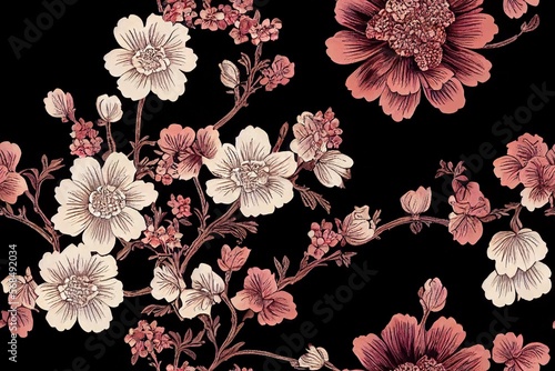 Vintage bouquet of beautiful flowers on black. Floral background. Baroque old fashiones style. Natural pattern wallpaper or greeting card. Generative AI photo