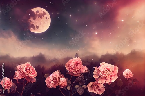 Fairytale fantasy photo background of magical deep blue dark night sky with shining stars, glowing moon, clouds and beautiful fairy pink rose flower garden. Generative AI