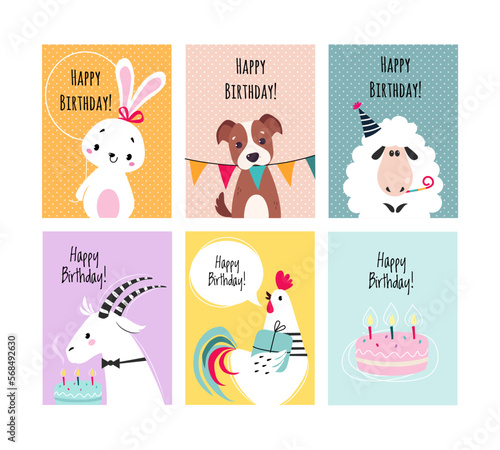 Happy Birthday Card with Farm Animal as Holiday Greeting and Congratulation Vector Set