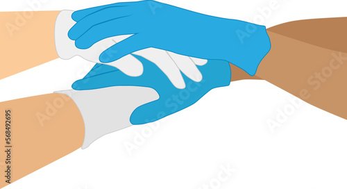 Team joining hands holding together with latex gloves. Vector illustration.