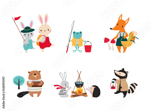 Cute Forest Animal Walking and Hiking Having Outdoor Adventure Vector Set