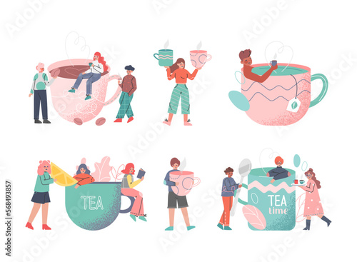 Coffee and Tea Time Break with Tiny People Character Enjoying Hot Drink in Cup Vector Set