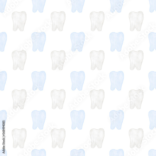 Tiny tooth watercolor pattern. Cute cartoon tiny tooth. Tooth fairy first tooth pattern. Hand drawn watercolor background digital paper
