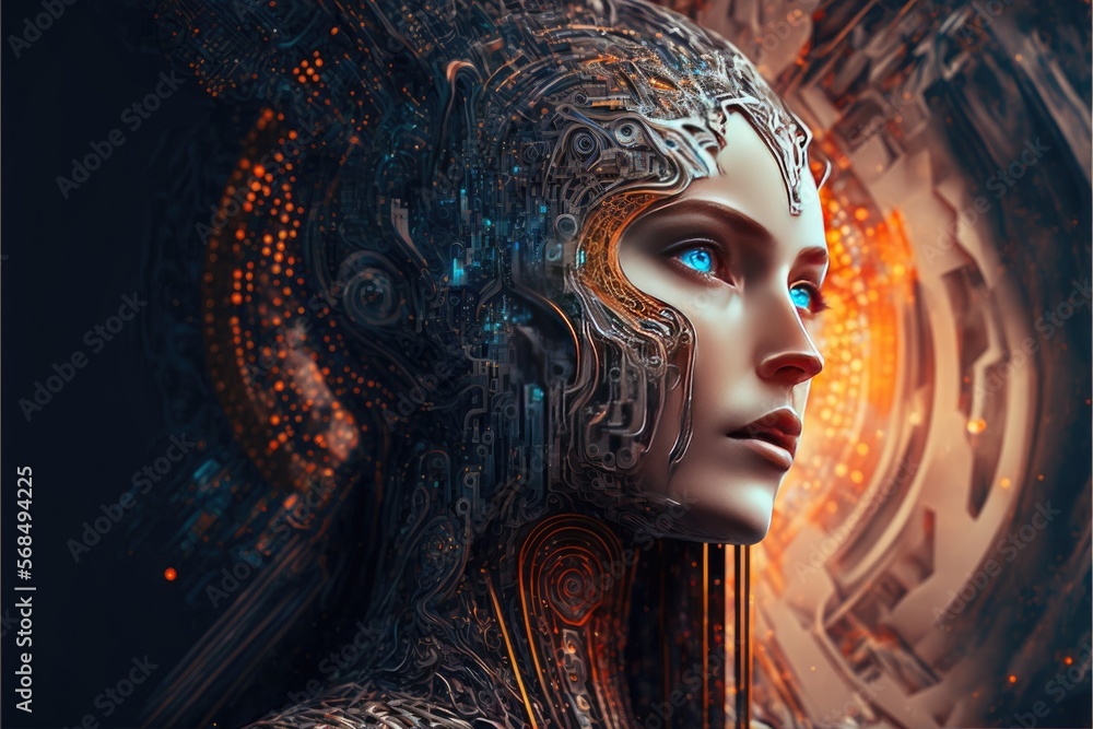 Cyborg woman face in futuristic cyberspace. 3D rendering Cyborg woman face in futuristic cyberspace. 3D rendering