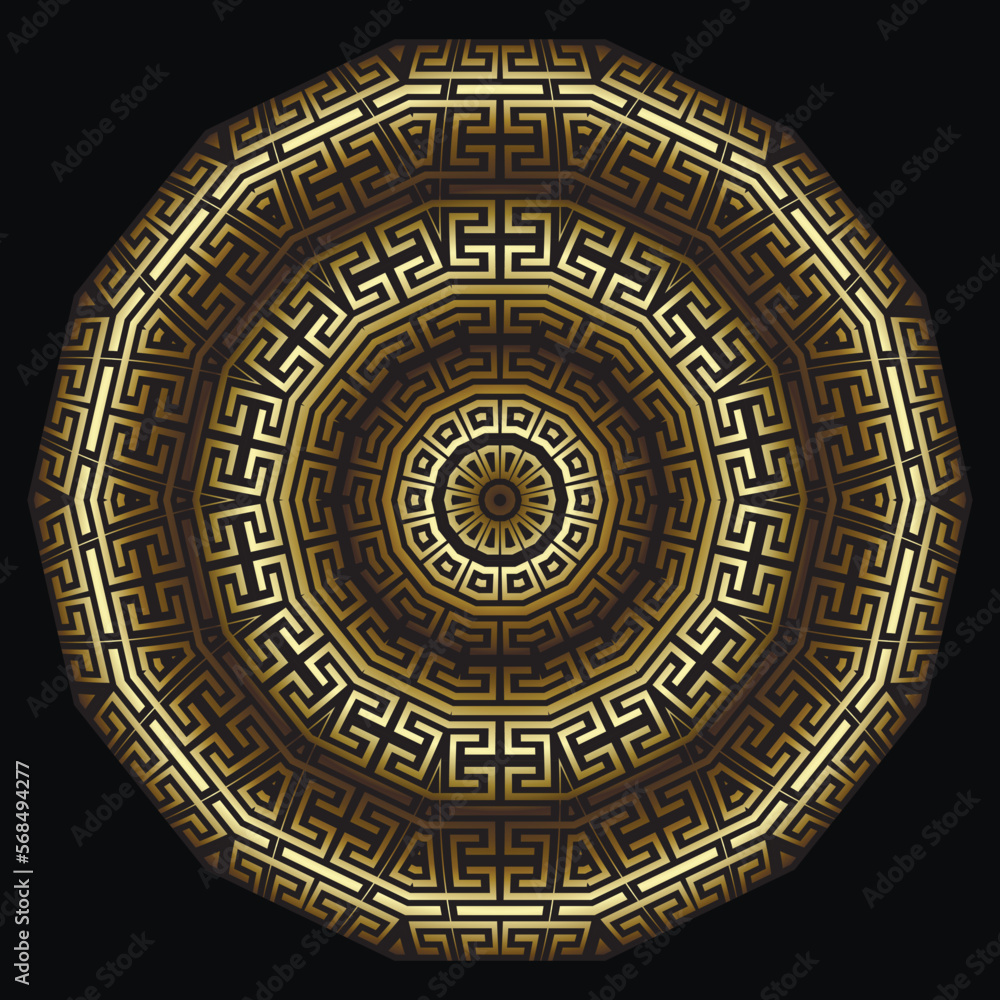 Gold 3d mandala. Greek surface luxury mandala pattern. Round golden 3d ornament. Vector beautiful ornamental background. Modern creative design. Decorative backdrop in black and gold colors