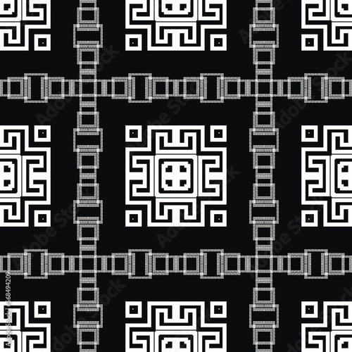 Greek black and white geometric seamless pattern. Modern vector background. Repeat geometrical backdrop. Squares ornaments with square frames, geometric shapes, symbols, signs. Greek key, meanders