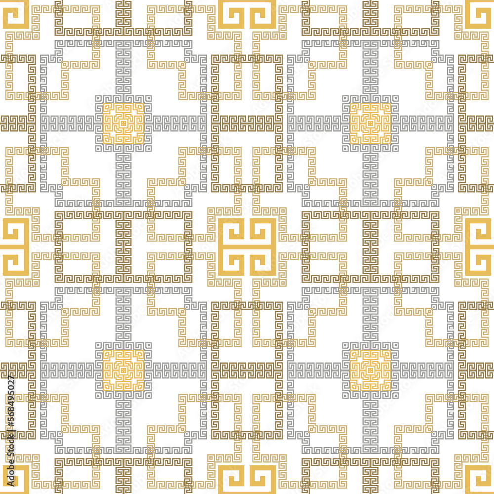 Greek ornamental geometric seamless pattern. Modern patterned vector background. Repeat geometrical ornate backdrop. Squares ornaments with square frames, shapes, symbols, signs. Greek key, meanders