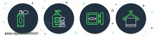 Set line Shaving gel foam and brush, Barbershop, Aftershave bottle with atomizer and Towel on hanger icon. Vector
