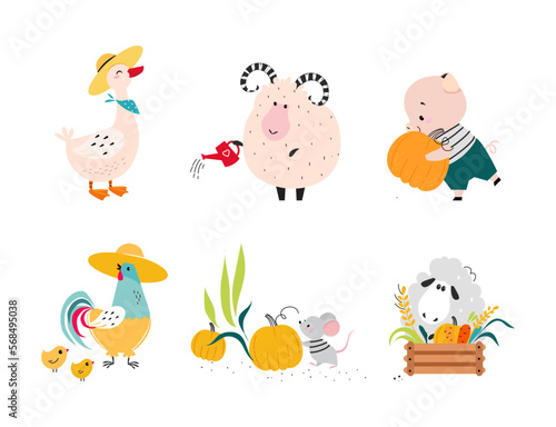 Cute Farm Animal on Ranch Engaged in Horticulture and Agriculture Vector Set