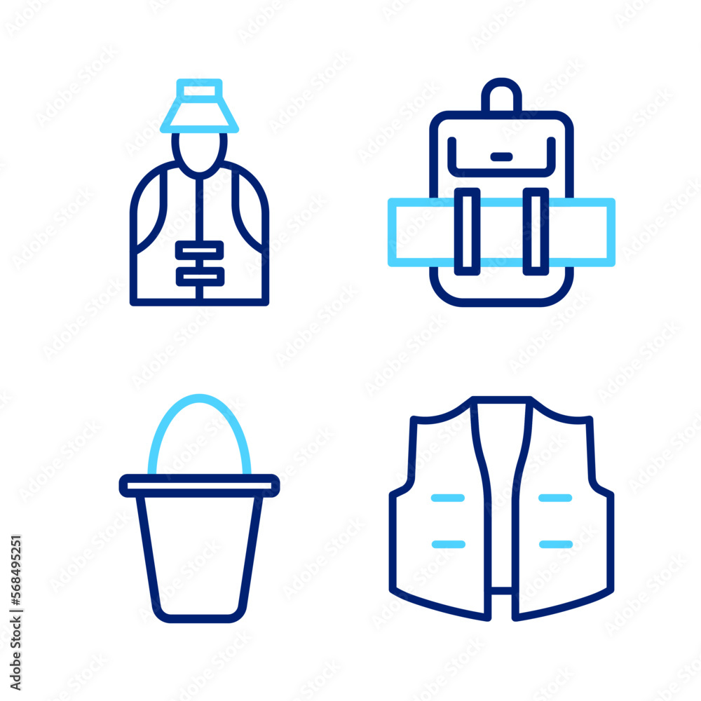 Set line Fishing jacket, bucket, Hiking backpack and Fisherman icon. Vector Set line Fishing jacket, bucket, Hiking backpack and Fisherman icon. Vector