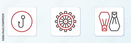 Set line Rubber flippers for swimming, Fishing hook and Ship steering wheel icon. Vector