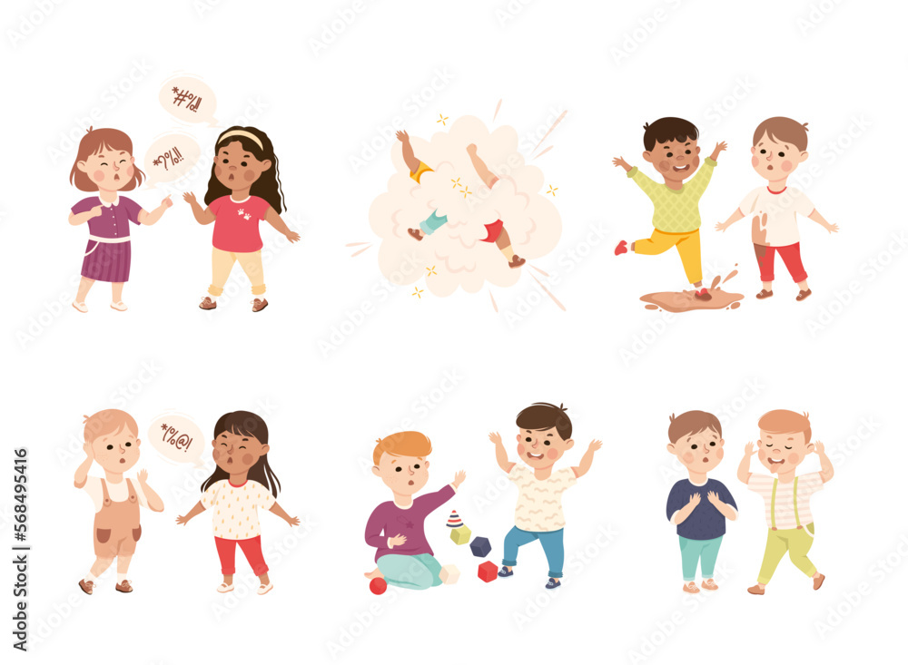 Offensive Kids Bullying and Abusing the Weak Agemate Teasing and Laughing at Them Vector Set Offensive Kids Bullying and Abusing the Weak Agemate Teasing and Laughing at Them Vector Set