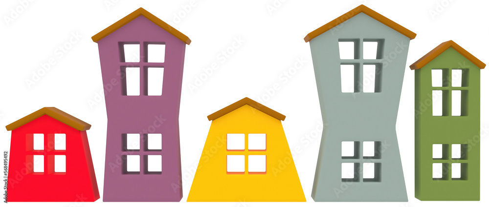 3D rendering of houses on a light background. Multicolored houses. cartoon house. 3D Render.