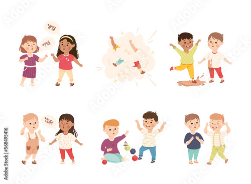 Offensive Kids Bullying and Abusing the Weak Agemate Teasing and Laughing at Them Vector Set