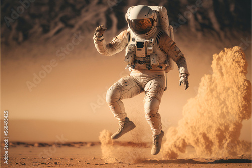 An astronaut is dancing on the expanse of an alien planet. Active lifestyle and travel concept. AI generated art
