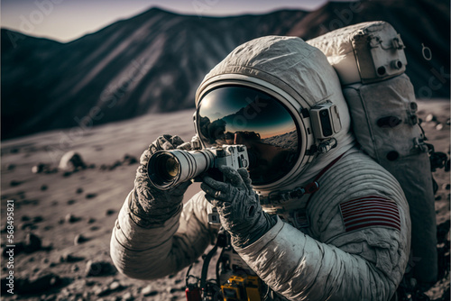 Astronaut photographer takes a photo of a landscape on the moon, concept of exploration, travel and discovery, uncharted space, ai generated © Art Gallery
