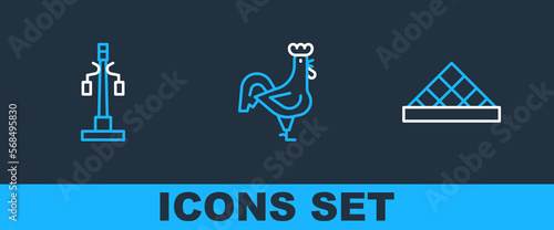 Set line Louvre museum, Street light and French rooster icon. Vector