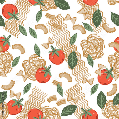 Seamless decorative pattern with pasta and tomatoes vector illustration on white background. Seamless background texture for noodles and pasta packagings and kitchen textile.
