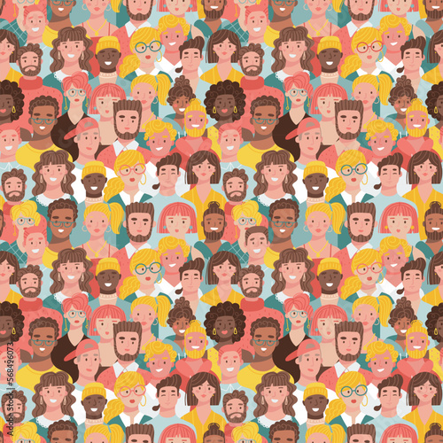 Big crowd of people seamless pattern. Diversity concept. Different race women and men. Color hand drawn flat vector illustration.
