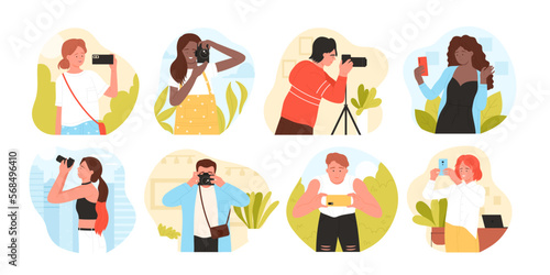 Photographers shoot with camera set vector illustration. Cartoon woman and man journalists stand with camera on tripod for professional photography, girl making creative photo for social media profile