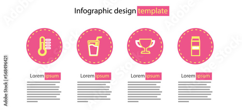 Set line Trophy cup, Paper package for milk, Glass with water and Thermometer icon. Vector