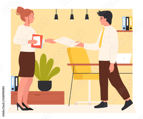 Boss giving paper document to secretary vector illustration. Cartoon businessman and businesswoman holding data file together and standing in office interior, young employees at work on meeting