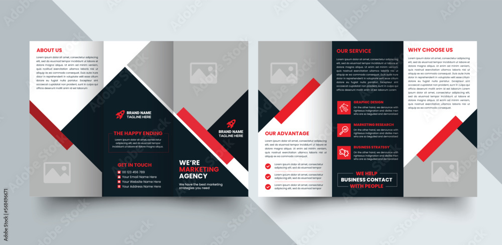 Corporate business trifold brochure template. Modern, Creative and Professional tri fold brochure vector design. Simple and minimalist promotion layout with color.