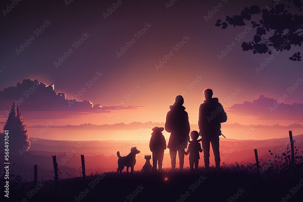 Silhouette of family and dogs looking at sunset created with Generative AI technology