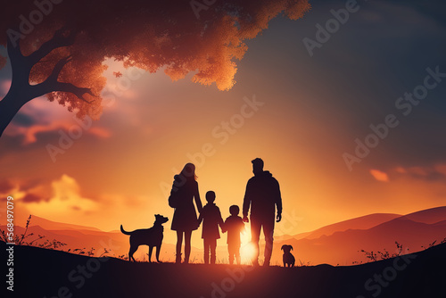 Silhouette of family with a dog created with Generative AI technology