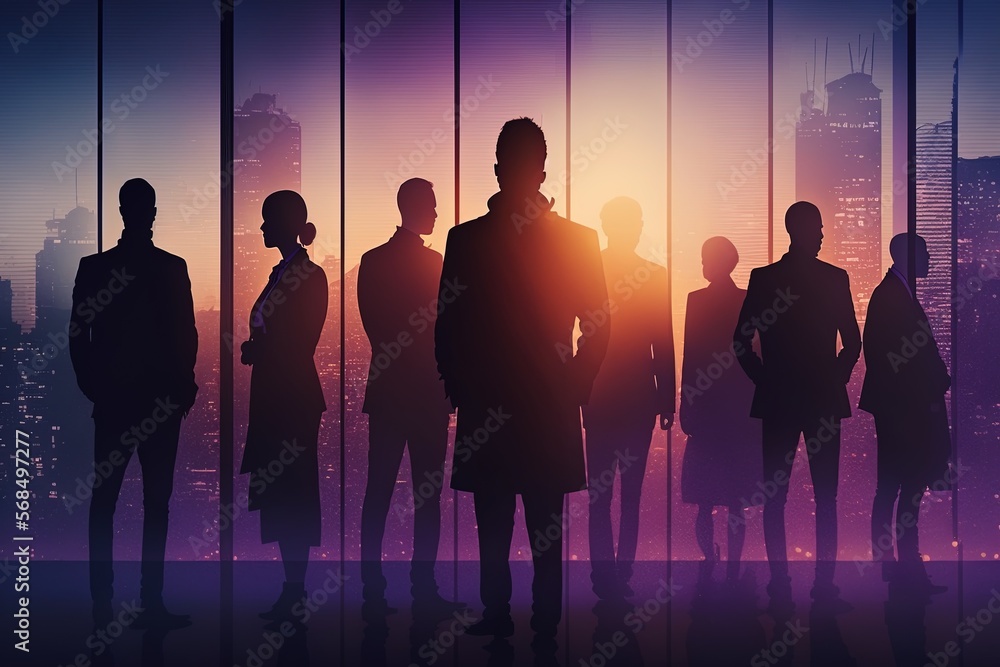 Silhouette of business people in front of the purple cityscape created with Generative AI technology Silhouette of business people in front of the purple cityscape created with Generative AI technology