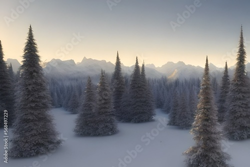Beautiful winter landscape with snow covered trees in a snowy forest. © Gokul