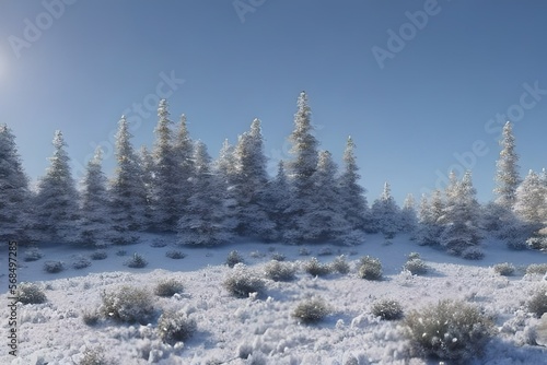 Beautiful winter landscape with snow covered trees in a snowy forest.