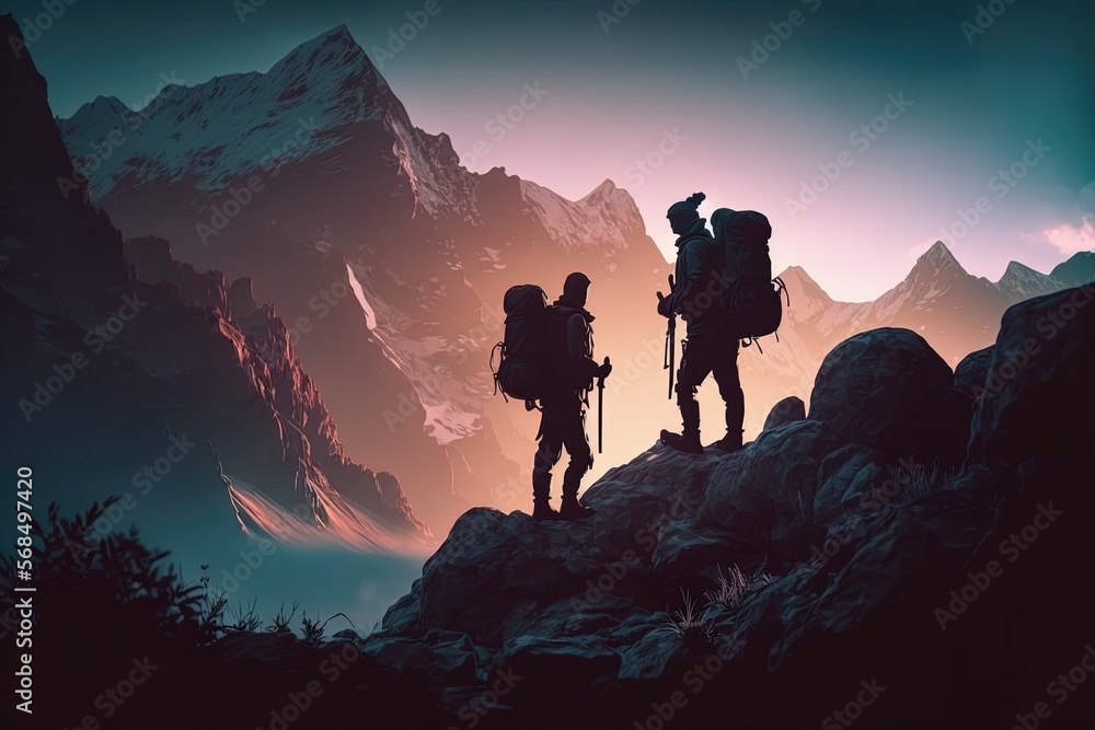 Silhouette of hikers standing on the top of the mountain created with Generative AI technology