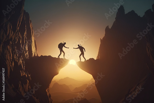Silhouette hikers trying to helping each other at profound climb created with Generative AI technology