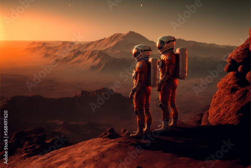 Two astronauts on the edge of a cliff. Journey concept,  ai generated illustration © Art Gallery