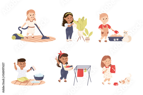Cute Boy and Girl Doing Housework and Housekeeping Vector Set