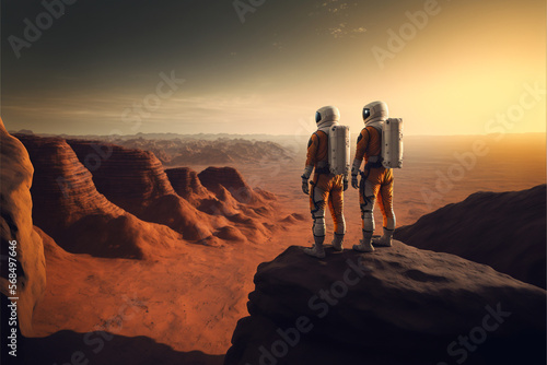 Two astronauts on the edge of a cliff. Journey concept, ai generated illustration