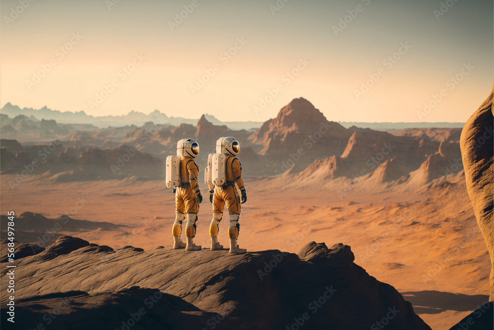 Two astronauts on the edge of a cliff. Journey concept,  ai generated illustration